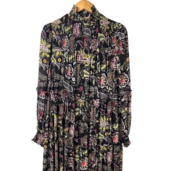 cinq a sept Paisley Long Sleeve Dress Black Size 6 High Low Hem Mock Neck - Picture 6 of 10
